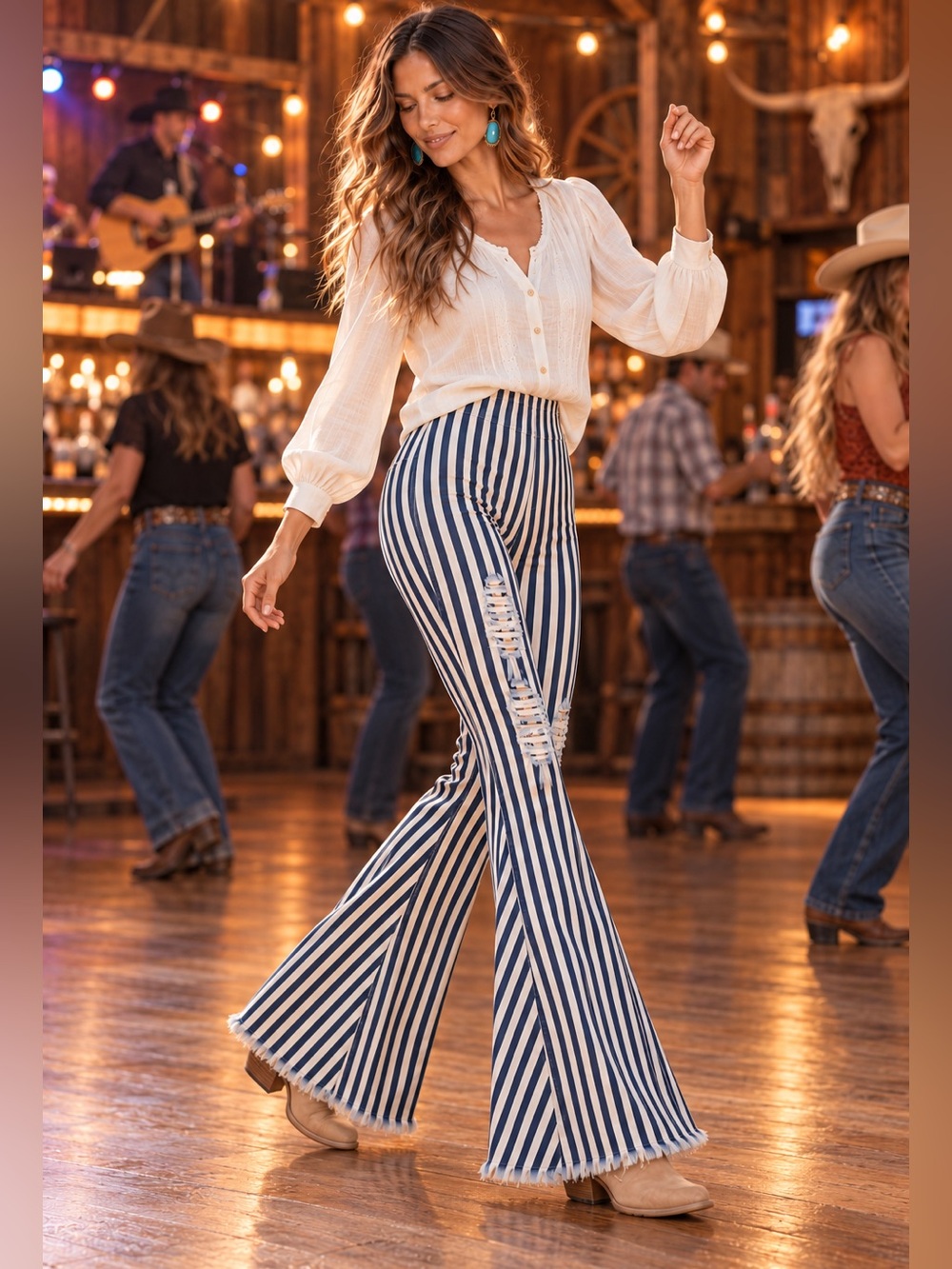 L&B Lucky & Blessed Navy Striped Distressed High Rise Flare Bell Bottom Jeans, S